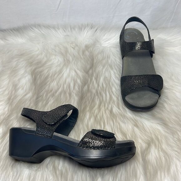 Dansko Sonnet Black Leather Shimmer Platform Sandals Sz 41/11 - Picture 1 of 7